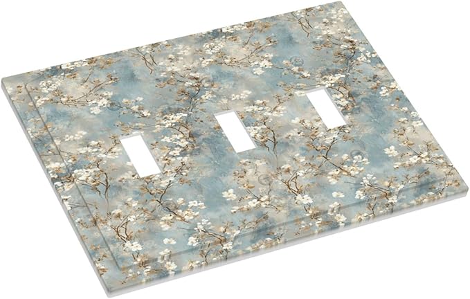 Decorative Light Switch Cover Plate Rustic Blue White Plum Blossom Flower 3 Gang Wall Plates for Electrical Triple Toggle Switch Plate Covers Outlet Covers Faceplate for Bedroom Decor