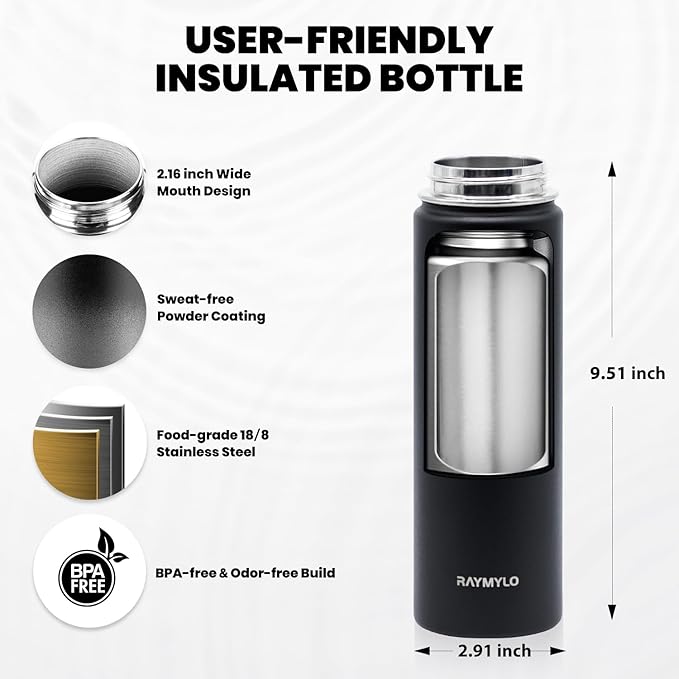 RAYMYLO Insulated Water Bottle 20 oz, Triple Wall Vacuum Stainless Steel (Cold for 24Hrs, Hot for 12Hrs), Leak Proof & Non-BPA, Kids Water Bottle Jug for School with Straw Spout Lids