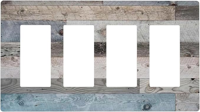 Western Barn Cabin Blue Wooden 4 Gang Quad Device Screwless Decorator GFCI/Rocker Wall Plate Farmhouse Rustic Kitchen Teal Wood Plank Board Light Switch Dimmer Receptacle Outlet Cover Standard Size