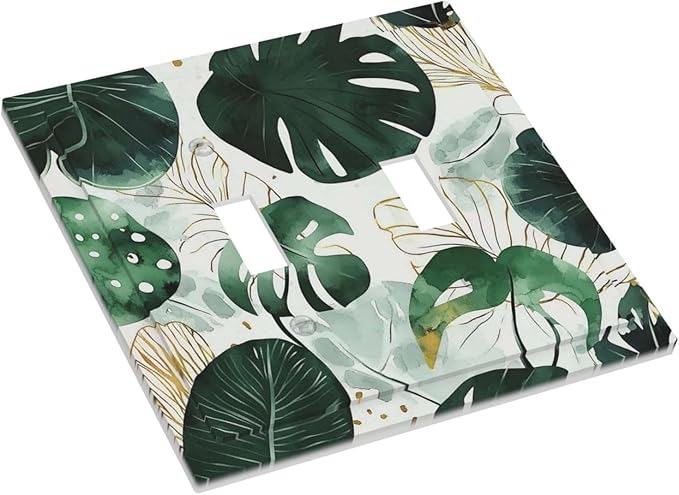 Boho Tropical Green Leaf Watercolor Banana Leaves Decorative Switch Plates 2 Gang Double Toggle Outlet Light Switch Cover Wall Plate Electrical Faceplate For Bed Room Living Room Decor