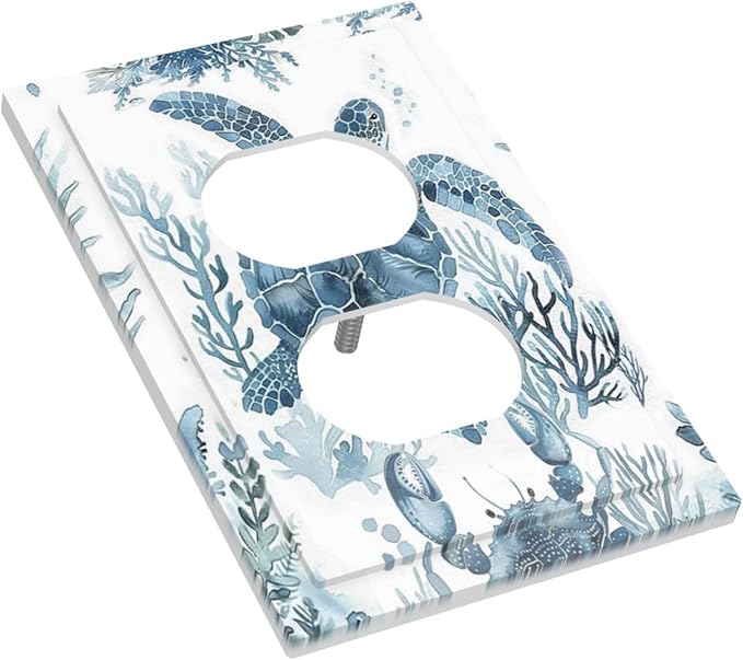 Blue Sea Turtle Coastal Coral Beach Crab Seaweed Outlet Covers 1 Gang Duplex Light Switch Cover Decorative Switch Plates Electrical Receptacle Faceplate Wall Plate for Kids Room Bathroom Decor