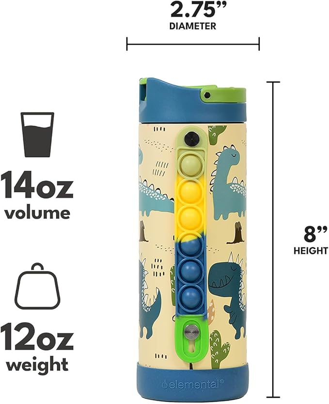 Elemental Iconic Kids Water Bottle for School - 100% Leak-Proof Insulated Water Bottles with Straw Lid & Pop-It Handle for Boys & Girls - Triple-Wall Insulated & BPA-Free, 14oz – Dinosaur
