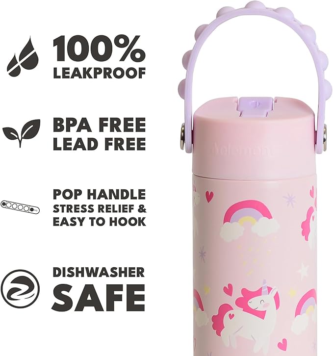Elemental 100% Leak Proof When Spout is Closed Insulated Kids Water Bottle, Stainless Steel Bottle for School with Straw Lid & Pop-It Handle, Unicorn Rainbow & Unicorn Magic - 18oz (2 Pack)