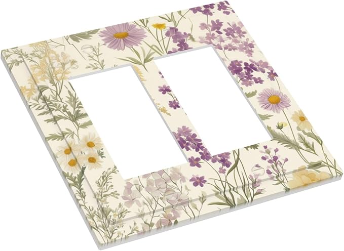 Watercolor Floral Leaves Double Rocker Light Switch Cover Small Purple Flowers Daisies 2 Gang Outlet Covers Switchplates Decorative Electrical Wall Plate for Country Bedroom Living Room Decor