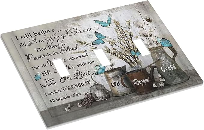 Blue Butterfly Rustic Flower Inspirational Quotes 3 Gang Light Switch Covers Triple Toggle Wall Plate Decorative Switchplate Electrical Faceplate for Farmhouse Country Bedroom Kitchen Decor