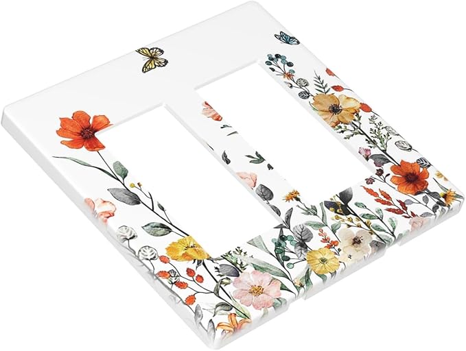 Vintage Colorful Floral Butterfly Wild Flower 2 Gang Double Decorator GFCI/Rocker Wall Plate Spring Nature Blossom Border Electrical Outlet Decorative Receptacle Cover Light Switch for Dimmer, USB