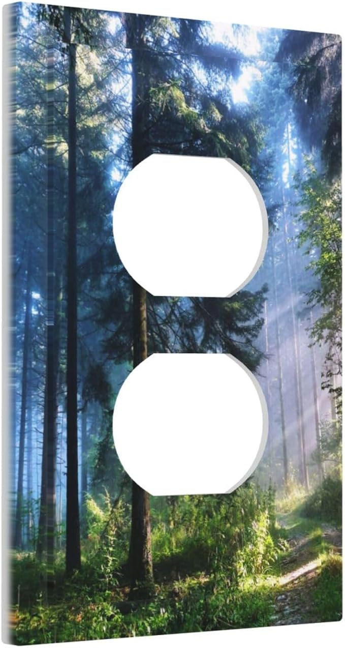 Green Forest Nature Scenery Misty Forest Print Decorative 1-Gang Electrical Device Duplex Receptacle Outlet Cover Sunshine Tree Path Landscape Woodland Scene Plug Wall Plate Light Switch Socket Cover
