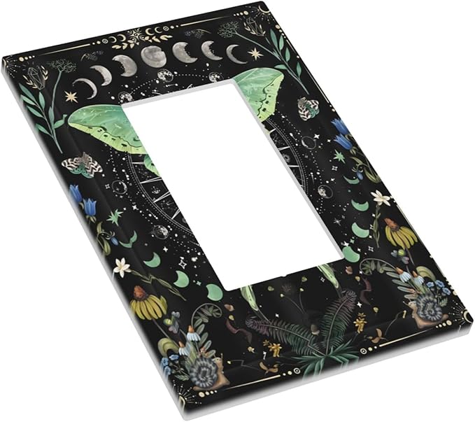 Moon Phase Butterfly Wildflower Plant Mysterious Night Moonlit Decorative Outlet Covers 1 Gang Single Rocker Light Switch Cover Plate Wall Plates GFCI Faceplate for Bedroom Living Room Decor