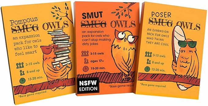Runaway Parade Games Smug Owls Card Game Expansion Pack Bundle - a Hilarious & Creative Riddle-Solving Party Game | 3 Expansion Packs | 15-20 min | 3-15 Players | Base Game Required