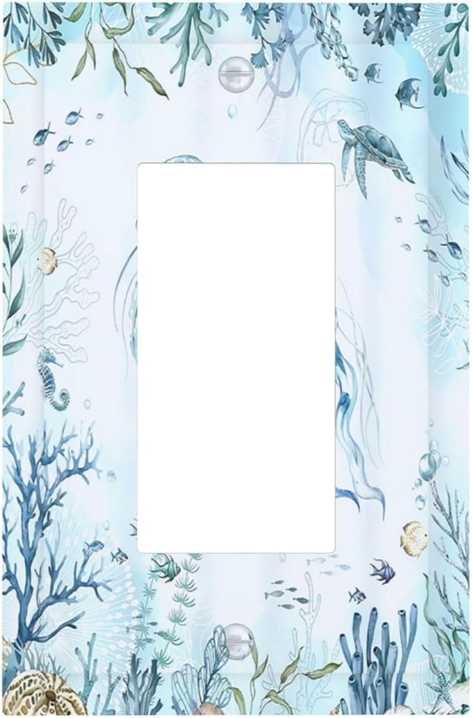 Decorative Outlet Covers Jellyfish Teal Blue Ocean Turtle Coastal Beach 1 Gang Single Rocker Light Switch Cover Plate Wall Plates GFCI Faceplate for Bedroom Bathroom Decor