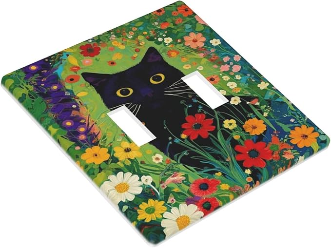 Decorative Art Light Switch Covers Cute Cat & Floral 2 Gang Double Toggle Wall Plate Decorative Switchcover Electrical Switchplate for Home Decor