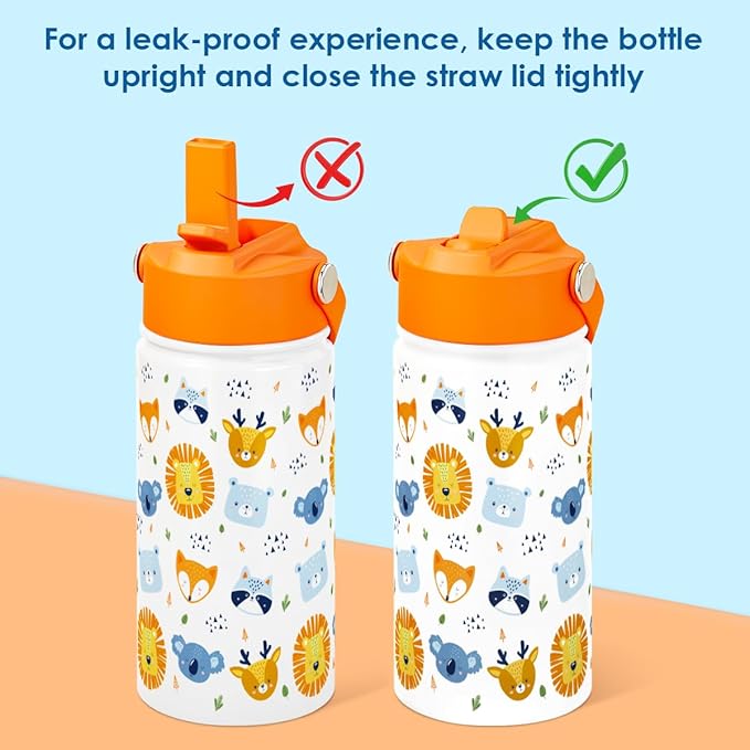 Kid Water Bottle 12oz with Straw Lid - 2-Pack Insulated Stainless Steel Water Bottles for Kids Girls - Travel Cup for Back to School Sports Christmas Birthday (Animals & Sea Animals)