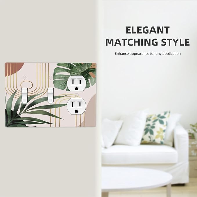 Middle Mid Century Boho Sun Green Palm Leaf 3-Gang Combination Wall Plate 2 Toggle 1 Duplex Receptacle Outlet Cover Decorative Tropical Orange Abstract Art Combo Device Light Switch Faceplate Cover