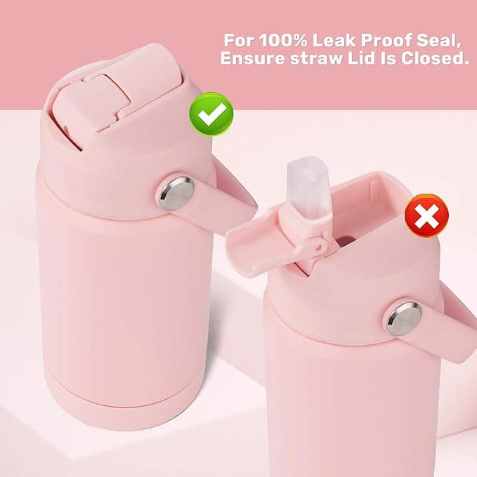 12 oz Water Bottle, 2 pack Kids Water Bottles for School, Toddler Water Bottle with Straw & Handle, 304 Stainless Steel Insulated Water Bottle, Non-slip Silicone Base, BPA Free, Pink Two Piece