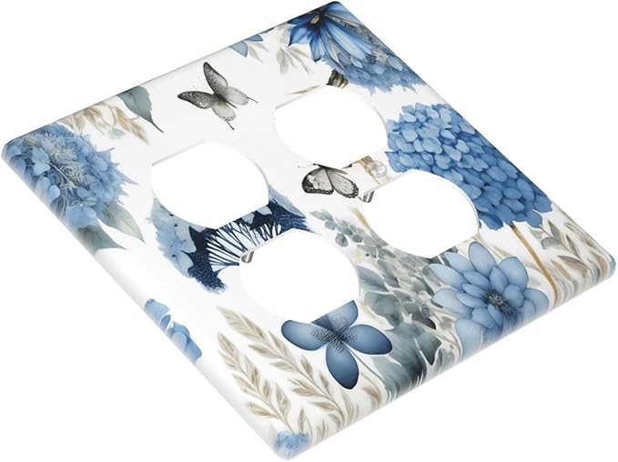 Blue Floral Hydrangea Floral Butterfly Flower Plant Outlet Covers 2 Gang Double Duplex Decorative Light Switch Covers Electrical Wallplates Socket Faceplate for Bedroom Living Room Decor