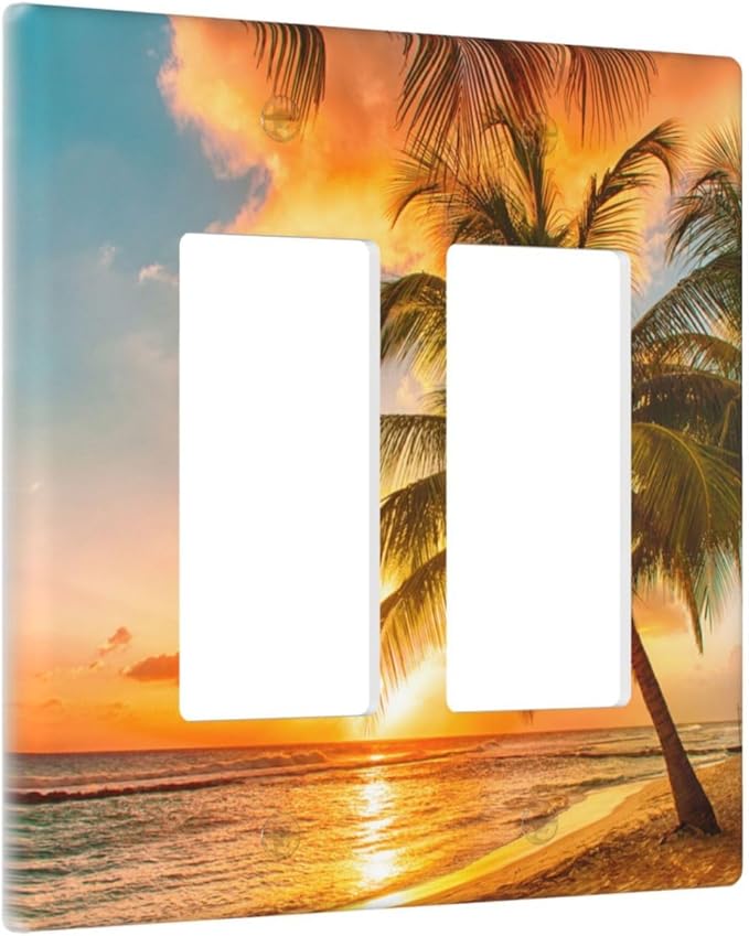 Hawaii Coastal Beach 2 Gang Rocker Decora Light Switch Covers Decorative Palm Tree Sunset Ocean Outlet Covers Wall Plate Electrical Faceplate Switchplate GFCI for Bathroom Bedroom Decor