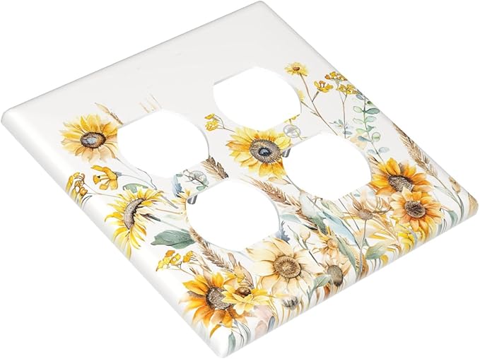 Yellow Floral Sunflowers Wheat Ears Watercolor Wild Flowers Outlet Covers 2 Gang Double Duplex Decorative Light Switch Covers Electrical Wallplates Socket Faceplate for Bedroom Living Room Decor