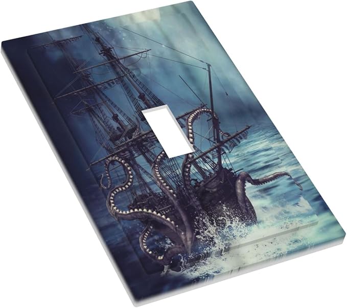 Octopus Ocean Kraken Nautical Pirate Ship 1 Gang Light Switch Covers Decorative Unique Single Toggle Wall Plate Switchcover Electrical Switchplate for Kitchen Bathroom Bedroom Decor