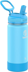 Takeya Actives Kids Water Bottle 16 oz Stainless Steel Double Wall Insulation BPA-Free Leakproof Straw Lid Easy Carry Handle Reusable Ideal for Boys and Girls, School, Sports - Sail Blue / Atlantic