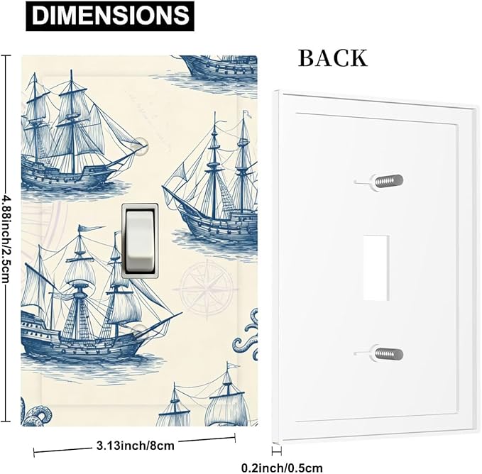 Vintage Nautical Ships 1-Gang Toggle Light Switch Plate, Old World Sailing Vessels Blueprint Design Decorative Wall Plate for Beach House Decor