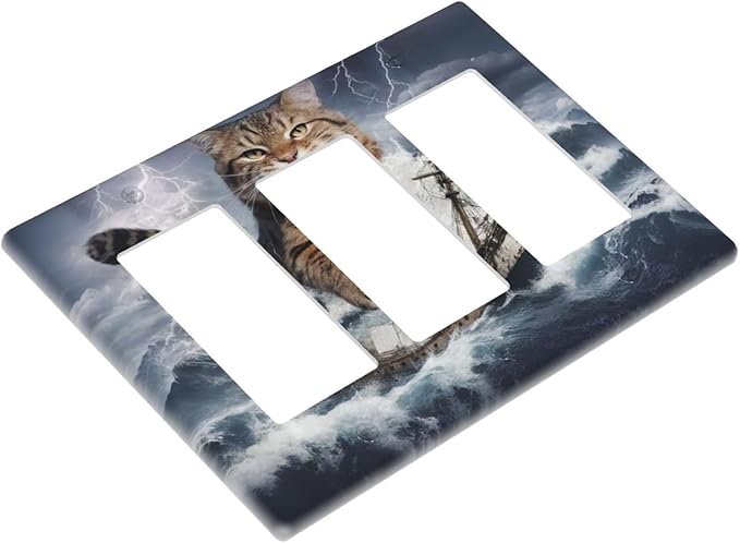 Decorative Outlet Covers Funny Cat Sea Ship Ocean Billow Wave Novelty 3 Gang Wall Plate Triple Rocker Switch Light Switch Plate Covers Jumbo Electrical GFCI Switch Cover Plate
