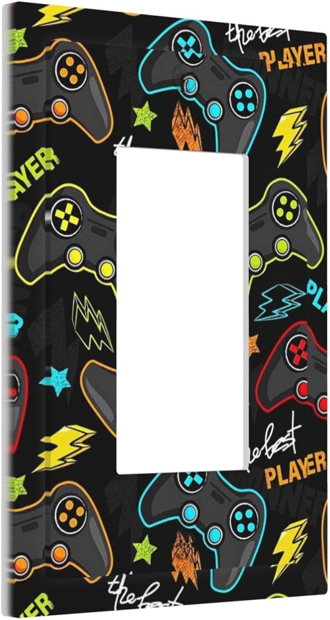 1 Gang Electrical Decora/GFCI Device Wallplate Fun Graffiti Video Game Controller Gaming Gamer Teen Kids Boys Gamepad Single Decorator Rocker Outlet Light Switch Cover Electrical Faceplate Dimmer