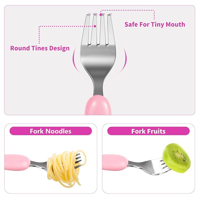Lehoo Castle Toddler Fork and Spoon, 6pcs Kids Utensils, Safe Stainless Steel Toddler Silverware Set, Children Flatware Set, Incudes 3 Spoons and 3 Forks (Pink)