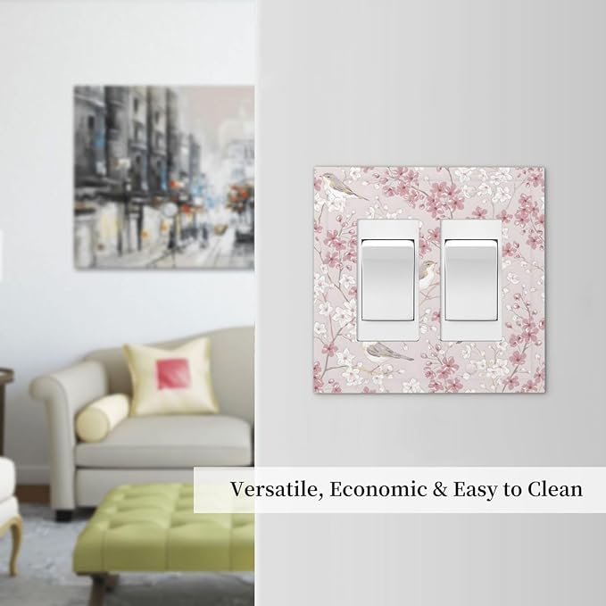 Pink Sakura Cherry Blossom Vintage Bird Floral Flower Decorative Outlet Covers 2 Gang Double GFCI Rocker Electrical Wall Panels Light Switch Cover Plate for Bedroom Living Room Decor