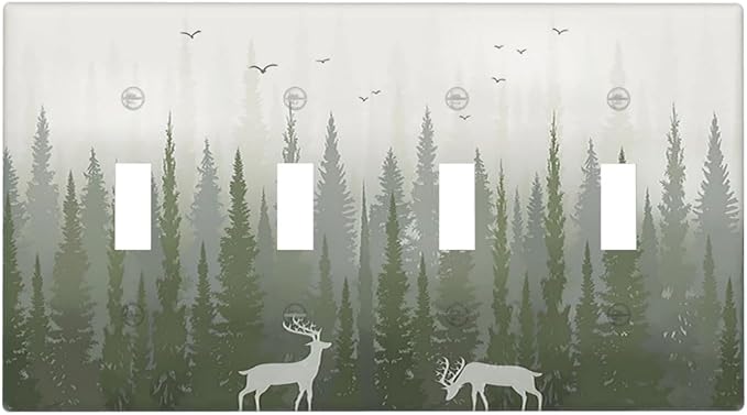 Green Pine Tree Deer Country forest Bird Nature Mist Light Switch Covers Quad Toggle 4 Gang Wall Plate Decorative Switch Plates Electrical Faceplate for Bedroom Home Decor