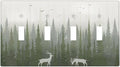 Green Pine Tree Deer Country forest Bird Nature Mist Light Switch Covers Quad Toggle 4 Gang Wall Plate Decorative Switch Plates Electrical Faceplate for Bedroom Home Decor