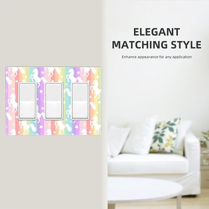 Colorful Kids Girls Rainbow Unicorn 3 Gang Triple Rocker/Decorator Light Switch Wall Plate Cover Decorative GFCI Electrical Faceplate Switchplate Dimmer