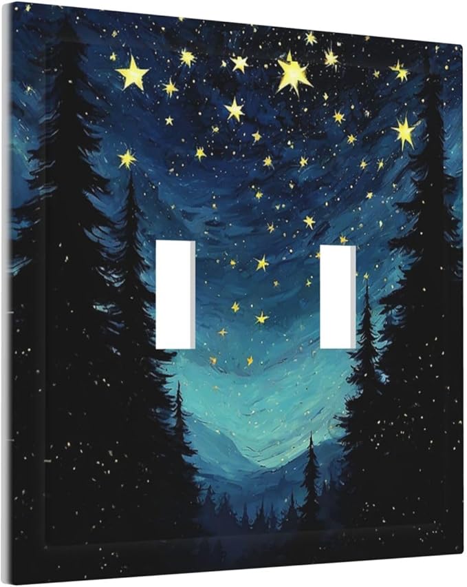 Decorative Switch Plates Blue Starry Sky Forest Painted Star Pine Tree Oil Painting 2 Gang Double Toggle Wall Plate Outlet Light Switch Cover Electrical Faceplate for Bedroom Cabin Decor