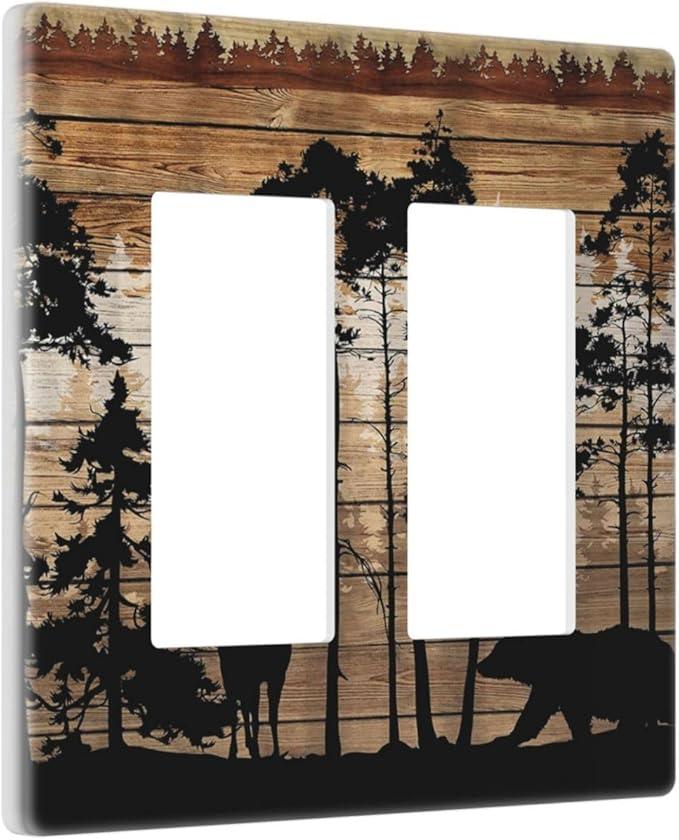 Hunting Forest Deer Bear 2 Gang Double GFCI Rocker Rocker/Decorator Light Switch Cover Decorative Outlet Wall Plate Electrical Faceplate Screwless