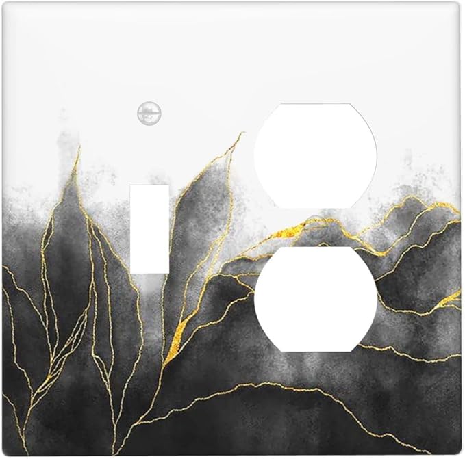 Wallplates Black And Gold Marble White Golden Leaves 1 Toggle 1 Duplex Switch Plate Electrical GFCI Faceplate Decorative Light Switch Covers for Bedroom living Room Decor
