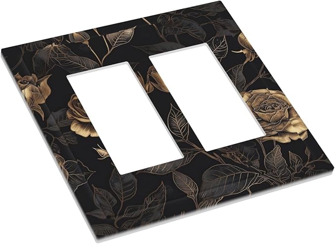 Black Floral Dark Vintage Gold Rose Flower Decorative Outlet Covers 2 Gang Double GFCI Rocker Electrical Wall Panels Light Switch Cover Plate for Bedroom Living Room Decor
