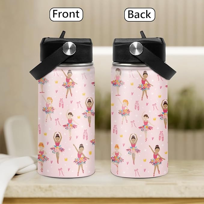Kids Water Bottle Ballet Water Bottles 12oz with Straw Insulated Stainless Steel Travel School Tumbler Double Wall Vacuum Cup for Girls Kid