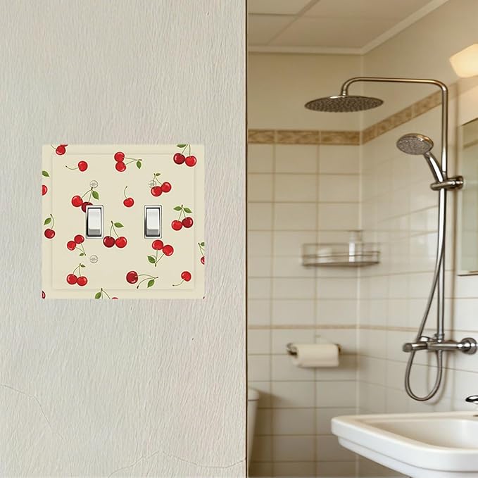 Sweet Cherry Blossom Double Toggle Switch Cover - 2-Gang Standard US Size Playful Cherry Duo Light Switch Covers, Retro Cherry Print for Girls Room Decor