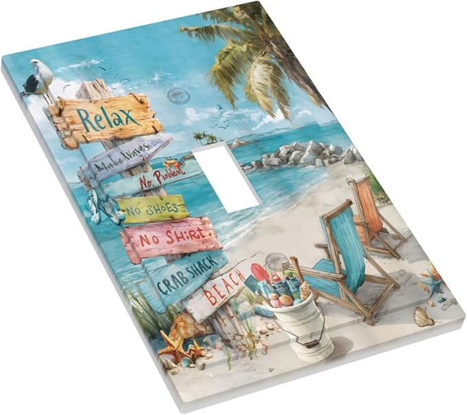 Ocean Beach Tropical Palm Tree Coastal Seaside Decorative Light Switch Cover 1 Gang Single Toggle Device Electrical Faceplate Switchplates Decorator Outlet Wall Plate for Kids Room Living Room Decor