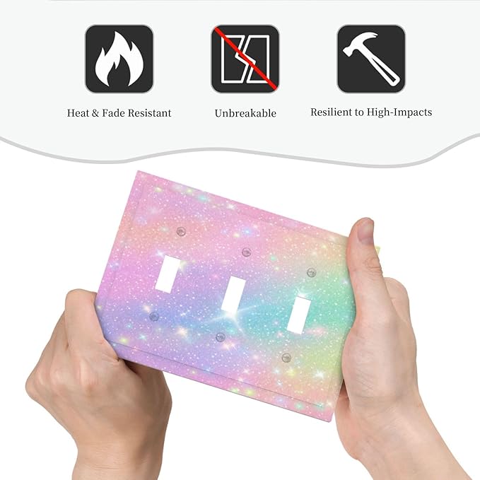 Decorative Light Switch Plate Covers Rainbow Shiny Gradient Colors 3 Gang Wall Plate Switch Cover Plate Triple Toggle Jumbo Electrical Faceplate for Kids Room Nursery Decor