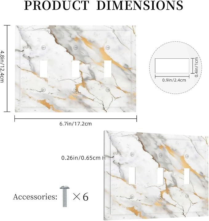 Decorative Switch Plates Marbling Style White Background Gold Gray Stripes 3 Gang Wall Plate Triple Toggle Light Switch Cover Faceplate Electrical Wall Panels For Bathroom Kitchen Decor