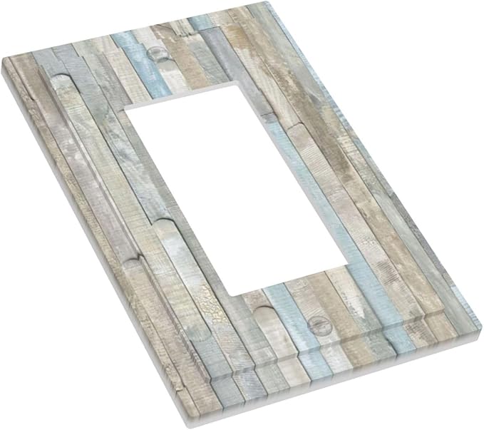 Old Vintage Rustic Teal Aqua Blue White Turquoise Wooden Weathered Wood Plank 1 Gang Electrical Single Decorator/GFCI Device Wall Plate Decorative Faceplate Rocker Light Switch Outlet Cover Dimmer