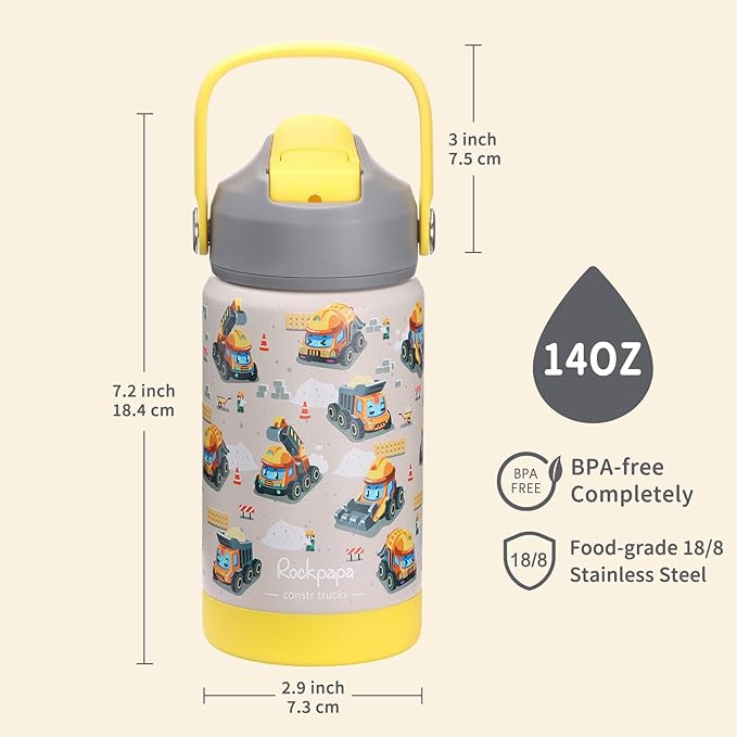rockpapa 14 oz Kids Insulated Water Bottle，Stainless Steel Toddler Cups with Straws, BPA Free, Leak-Proof, Kids Water Bottle for School Boys& Girls (Grey Constr Trucks)