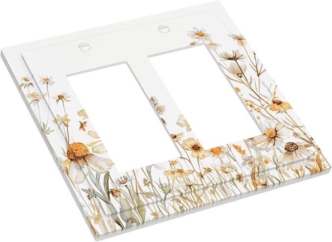 Yellow White Daisy Floral Bee Wild Flower Decorative Outlet Covers 2 Gang Double GFCI Rocker Electrical Wall Panels Light Switch Cover Plate for Bedroom Living Room Decor