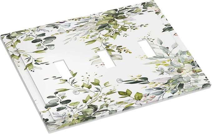 Eucalyptus Sage Green Leaf Plant Floral Decorative Switch Plates 3 Gang Wall Plate Triple Toggle Light Switch Cover Faceplate Electrical Wall Panels for Bedroom Living Room Decor