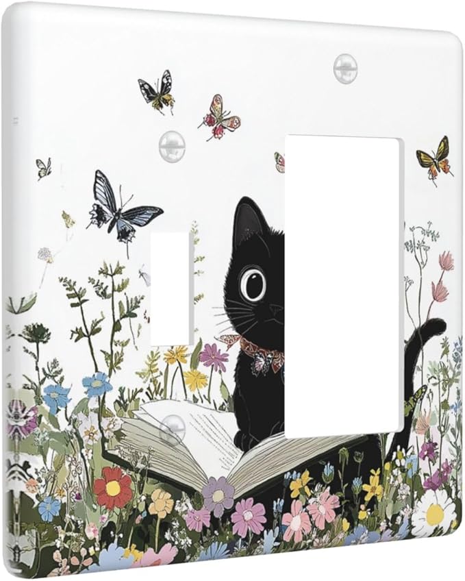 Outlet Covers Cute Cat Wildflowers Boho Flowers Floral 1 Toggle 1 Rocker Combination Decorative Wall Plate Electrical Switch Plates Light Switch Cover Plate For Nursery Kids Room Decor