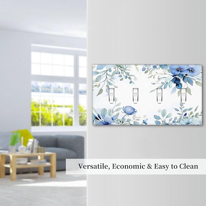 Watercolor Blue Flower Plant Floral Green Leaves Light Switch Covers Quad Toggle Electrical Faceplate 4 Gang Wall Plate Decorative Switch Plates for Bedroom Living Room Decor