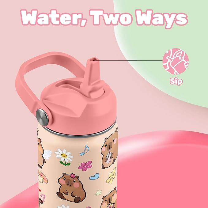 Insulated Water Bottle 18oz, Capybara Gifts Water Bottle with 2-in-1 Straw and Spout Lid, Pink Capybara Cup Leakproof, Capybaras Travel Mug for Capybaras Lover, Birthday Gift Ideal for Girls