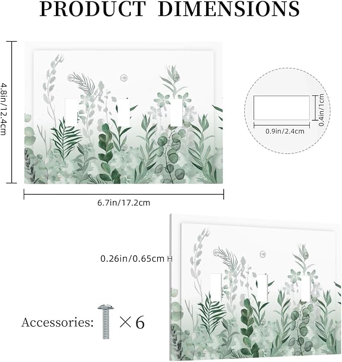 Watercolor Green Leaf Rustic Plant Eucalyptus Flowers Decorative Switch Plates 3 Gang Wall Plate Triple Toggle Light Switch Cover Faceplate Electrical Wall Panels for Bed Room Living Room Decor