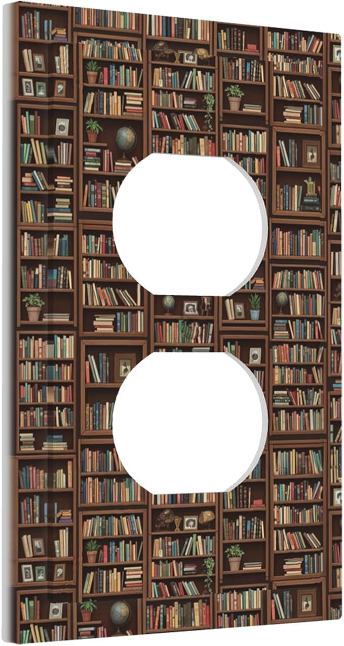 Vintage Library Bookshelf Duplex Wall Plate - 1-Gang Standard US Size Dark Academia Book Lover's Dream Outlet Covers, Cozy Bookshelf for Study Room Decor