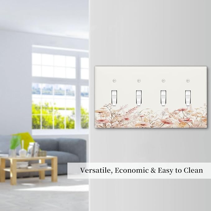 Light Switch Cover Plate Boho Floral Watercolor Flower Pattern 4 Gang Quad Toggle Wall Plate Electrical Outlet Cover Decorative Switch Plate Covers for living Room Home Decor